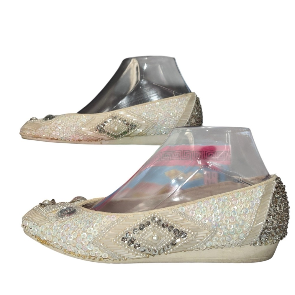 Vtg Beverly Feldman Frankie & Baby White/Silver Beaded Sequined Ballet Flats‎ 7M